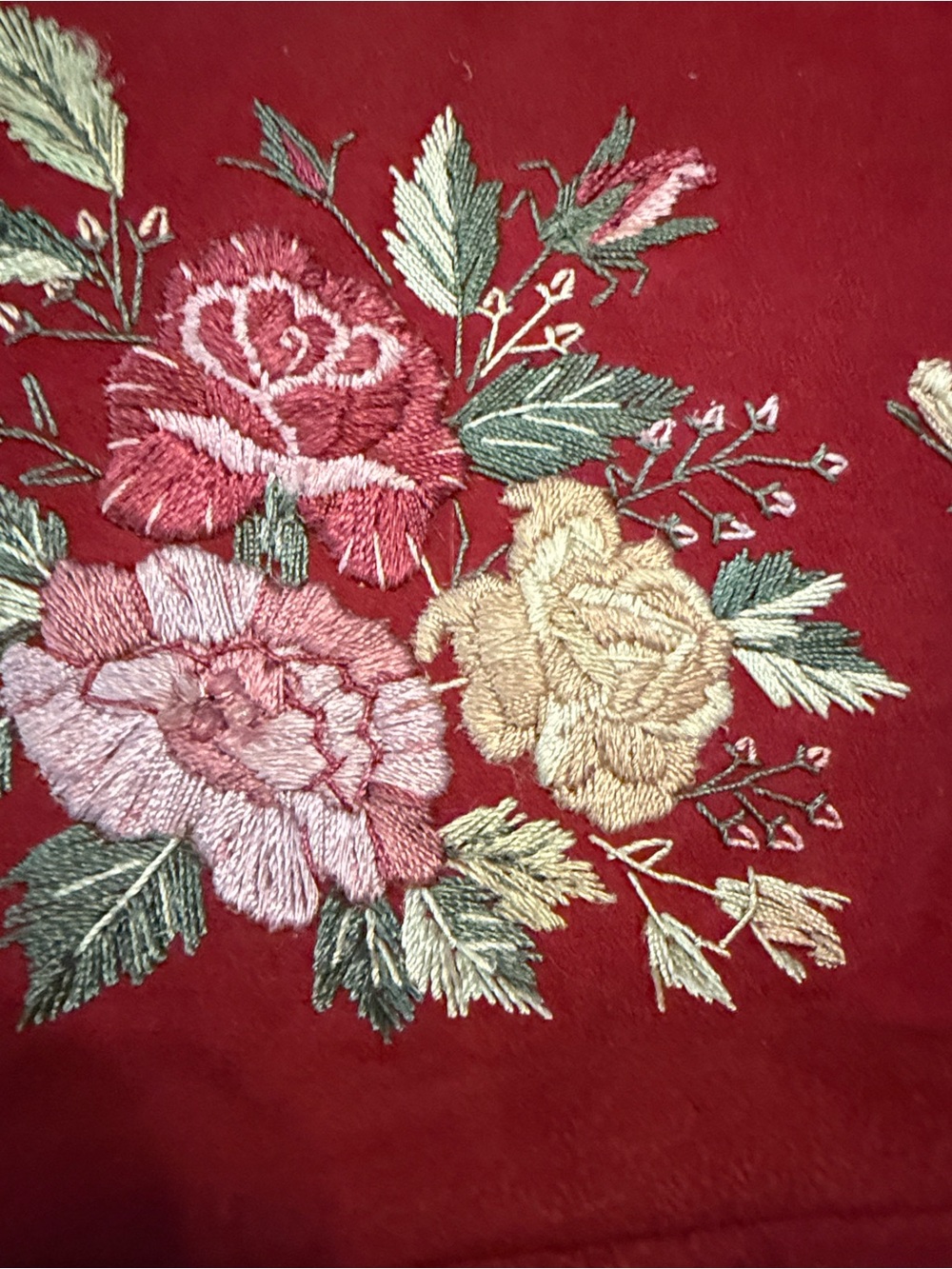 Red Embroidered Floral Tote Bag with Brown Straps - Picture 2 of 9